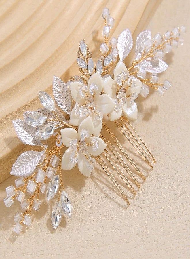 SELFCLOUD Crystal Bridal Hair Comb Wedding Hair Accessories Handmade Flower Bridal Hair Clip Hair Pieces for Brides and Bridesmaid Gold - Image 1